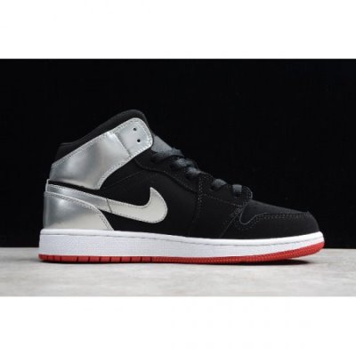 Nike Air Jordan 1 Mid Siyah / Kırmızı / Metal Basketbol Ayakkabısı Türkiye - 3S8QI1IU